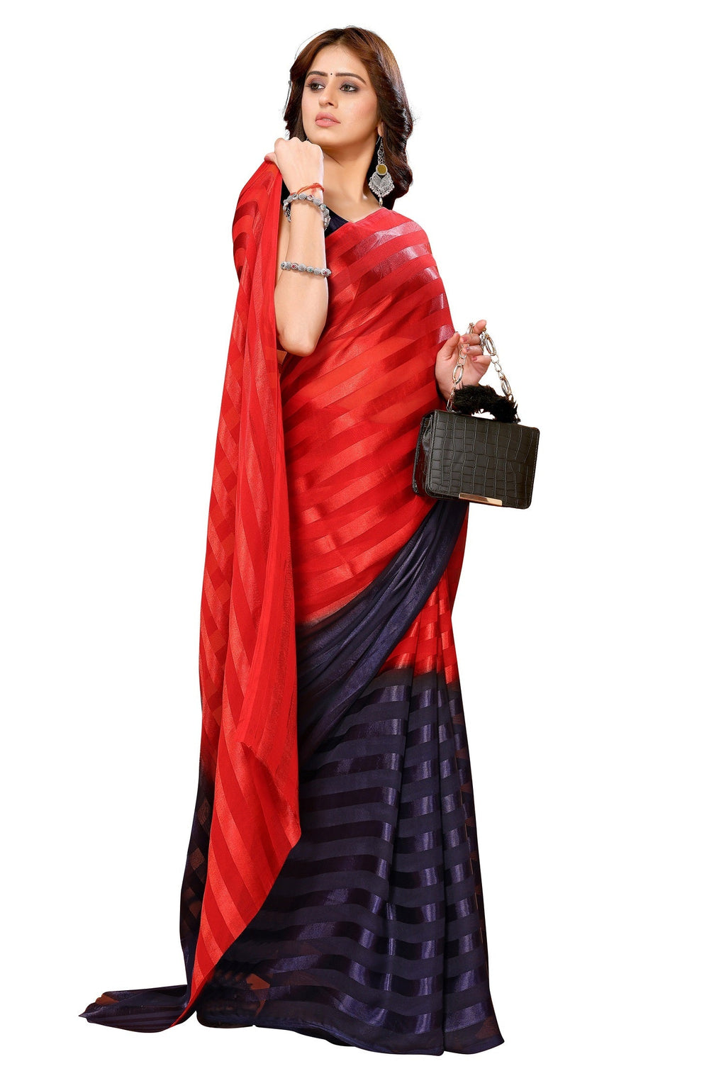 Vamika Georgette Satin Red Desinger Satin Patta Saree | Grocsy
