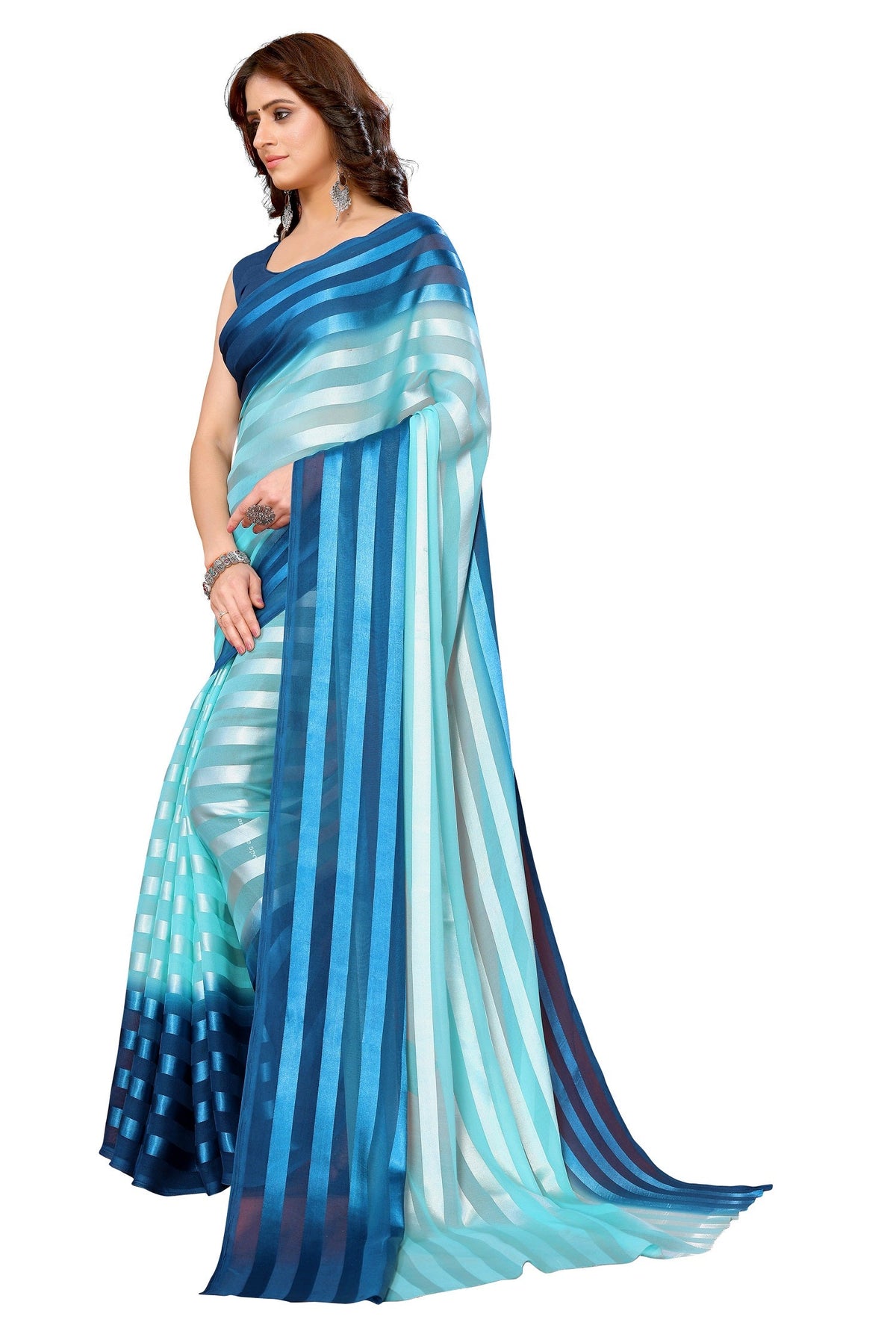 Vamika Georgette Satin Sky Blue Desinger Satin Patta Saree | Grocsy