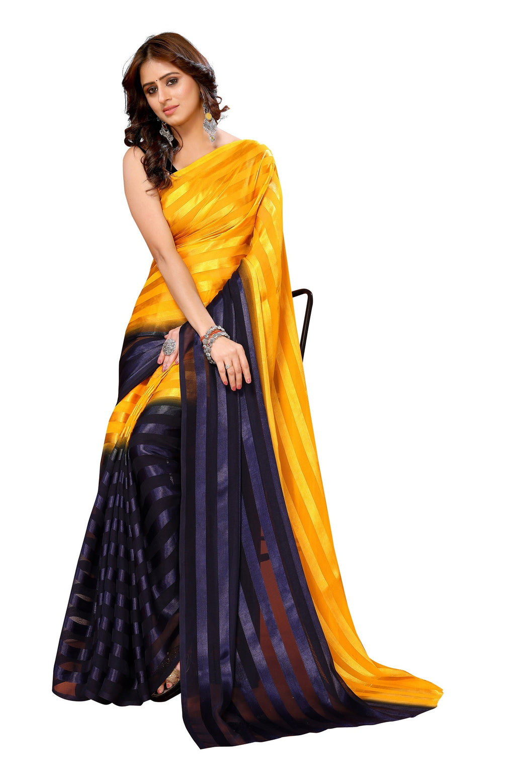 Vamika Georgette Satin Yellow Desinger Satin Patta Saree | Grocsy