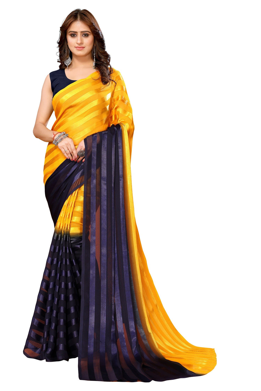 Vamika Georgette Satin Yellow Desinger Satin Patta Saree | Grocsy