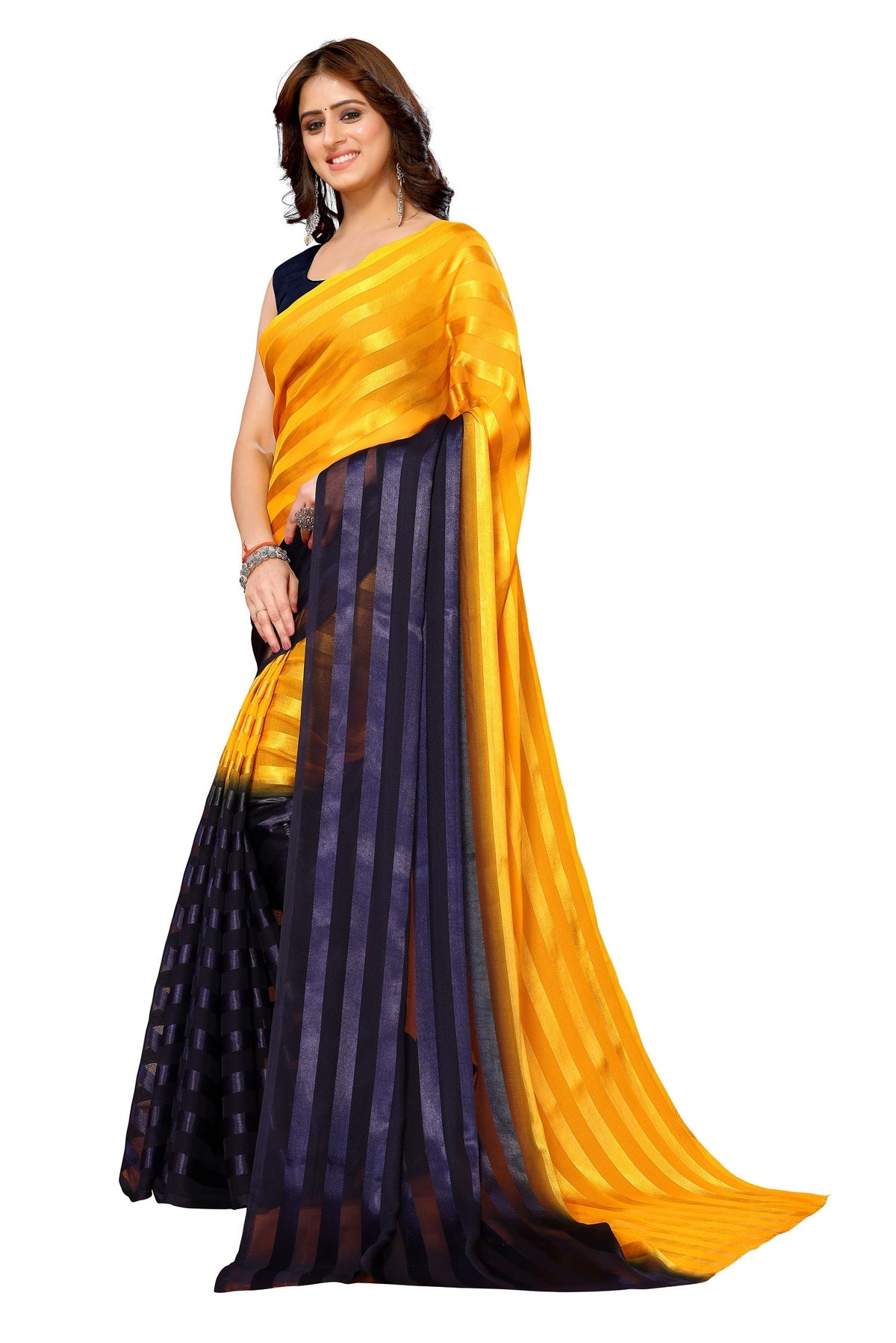 Vamika Georgette Satin Yellow Desinger Satin Patta Saree | Grocsy