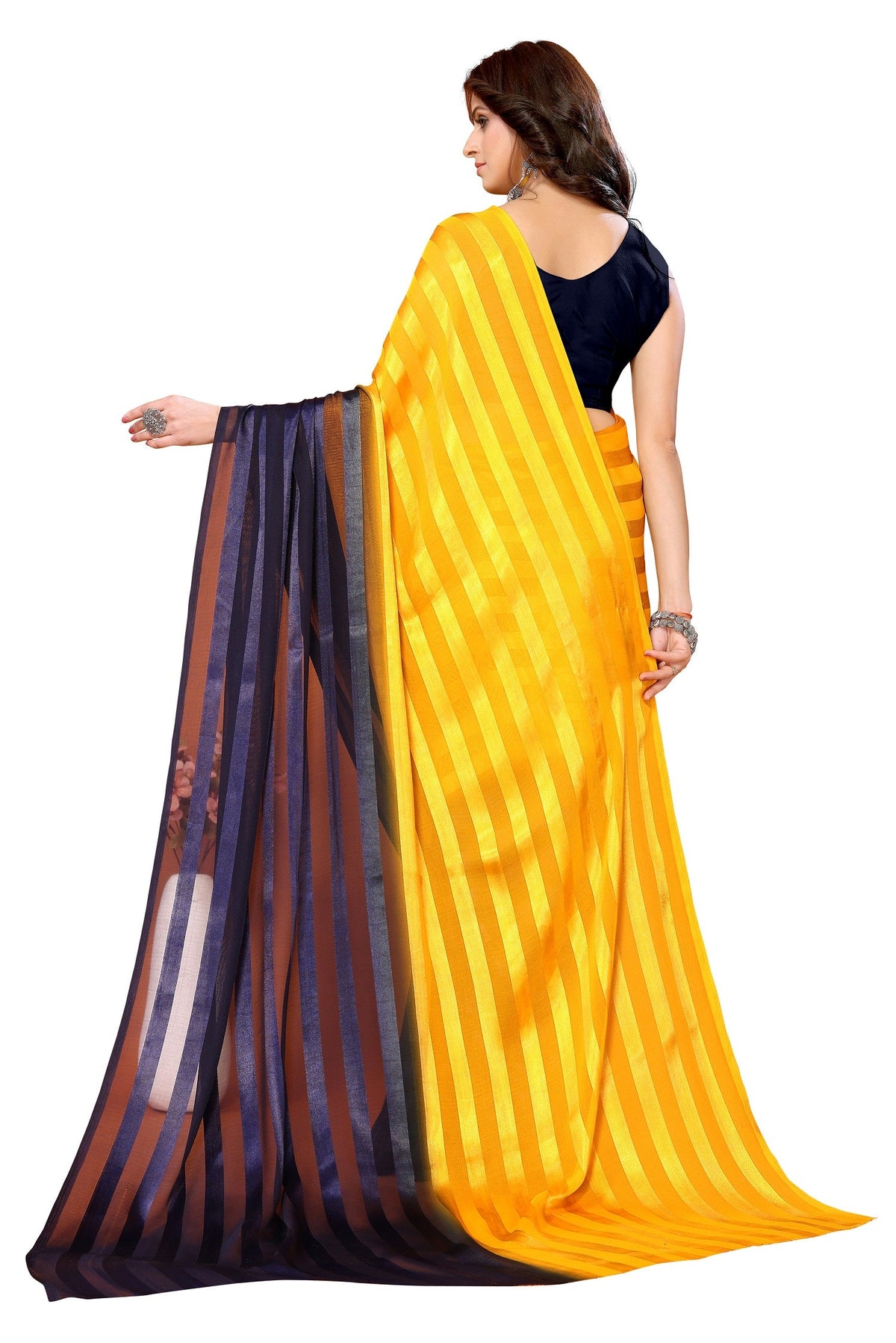 Vamika Georgette Satin Yellow Desinger Satin Patta Saree | Grocsy