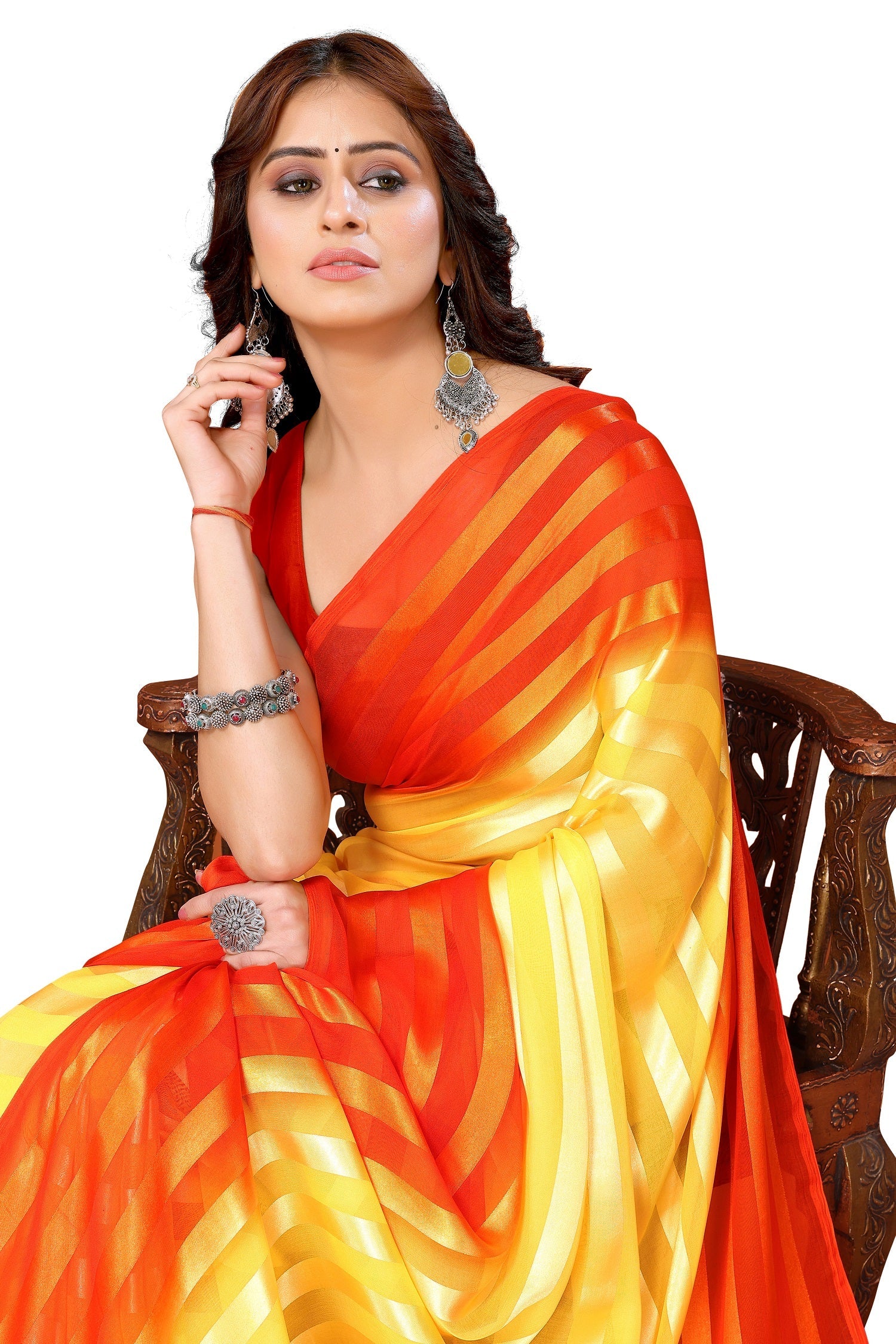 Vamika Georgette Satin Yellow Desinger Satin Patta Saree | Grocsy