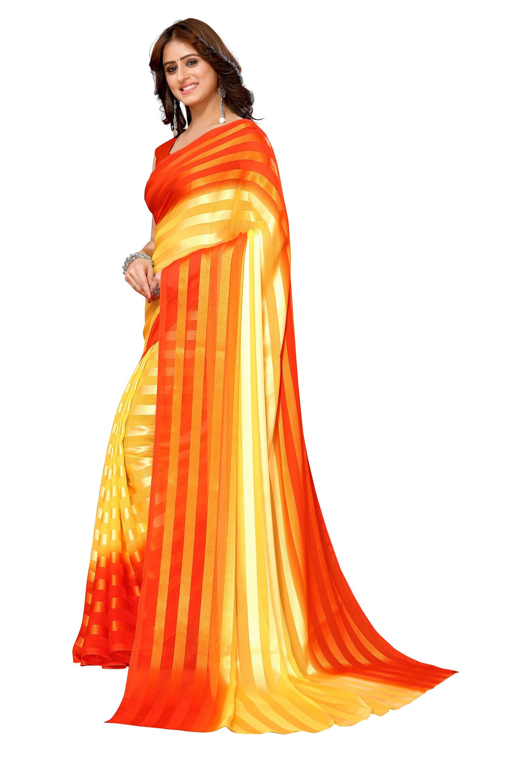 Vamika Georgette Satin Yellow Desinger Satin Patta Saree | Grocsy