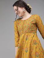 Yufta Women Mustard Yellow & Green Printed A-Line Panelled Kurta | Grocsy