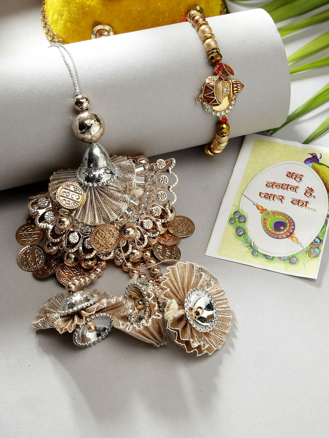 NVR Women & Men Set of 2 Gold Artificial beads Bhaiya Bhabhi Rakhi With Roli Chawal & Chocolate | Grocsy