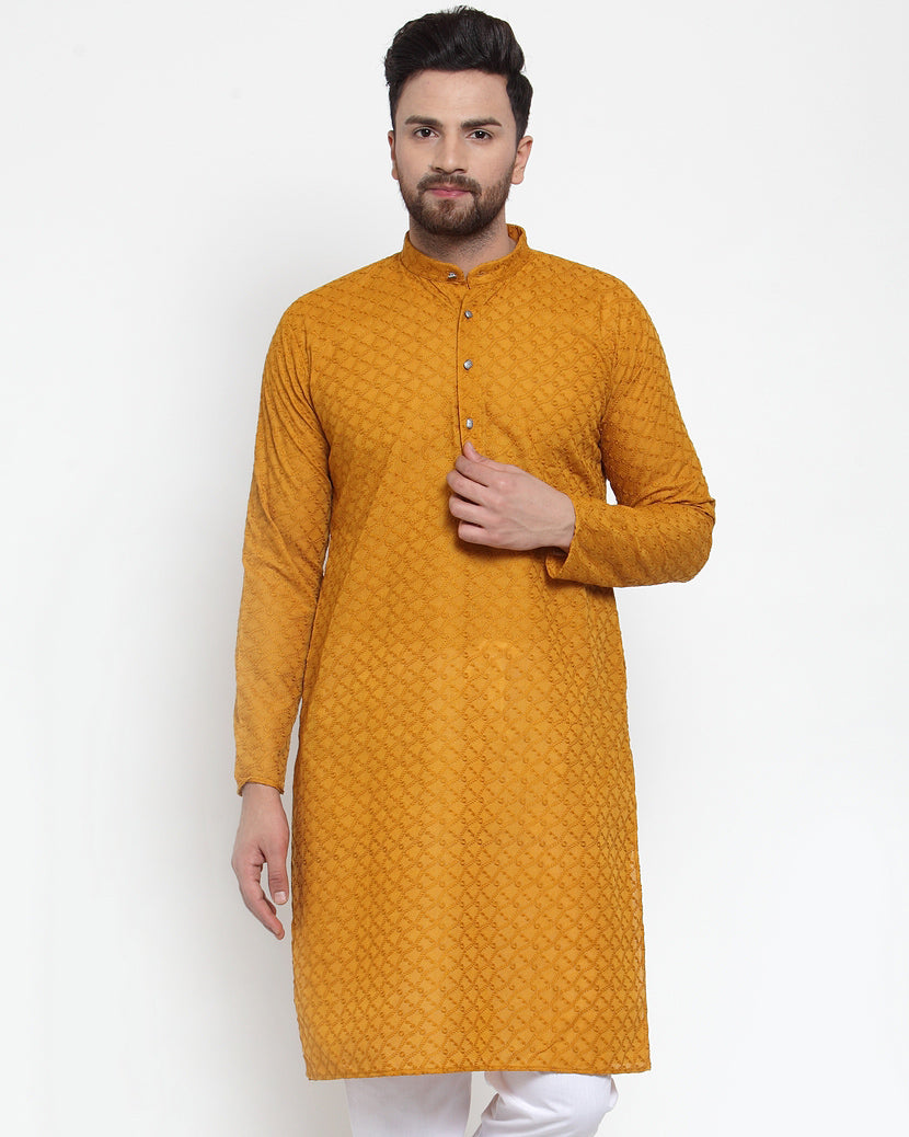 Jompers Men Mustard Chikan Kurta Only | Grocsy