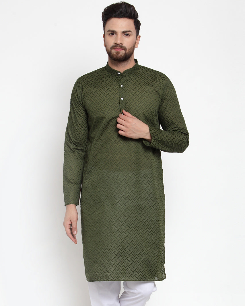 Jompers Men Olive Green Chikan Kurta Only | Grocsy