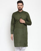 Jompers Men Olive Green Chikan Kurta Only | Grocsy