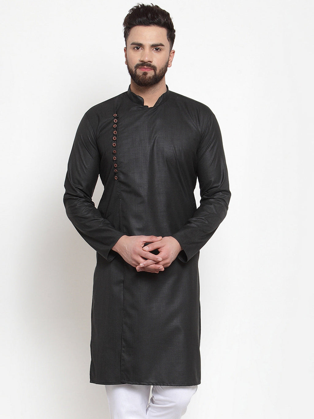 Jompers Men Black Solid Mandarin Collar Kurta Only | Grocsy