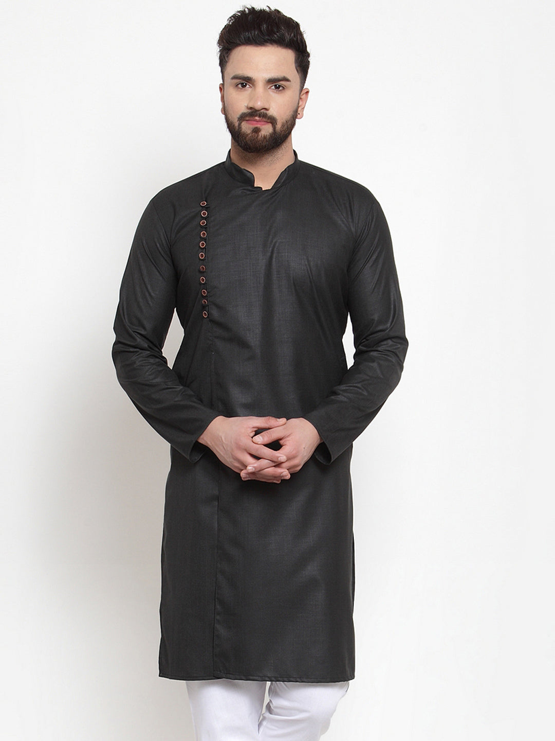 Jompers Men Black Solid Mandarin Collar Kurta Only | Grocsy