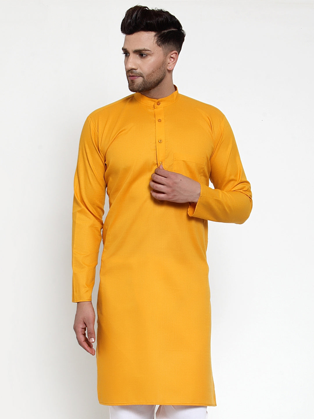Jompers Men Mustard Yellow & White Solid Kurta Only | Grocsy