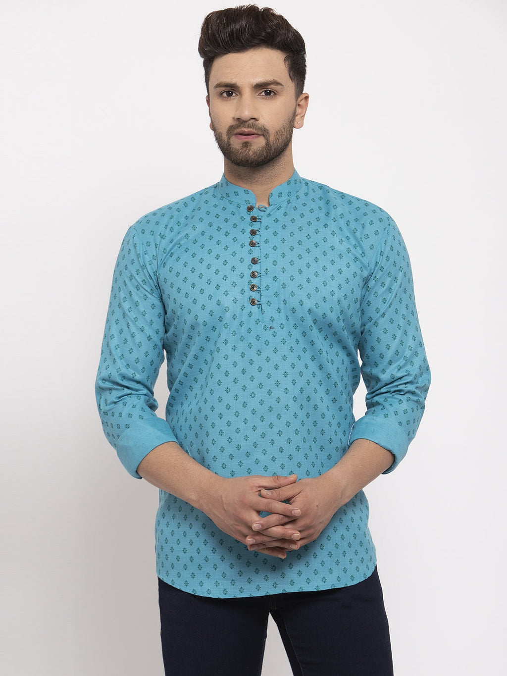 Jompers Men's Cotton Printed Kurta - Sky Blue | Grocsy