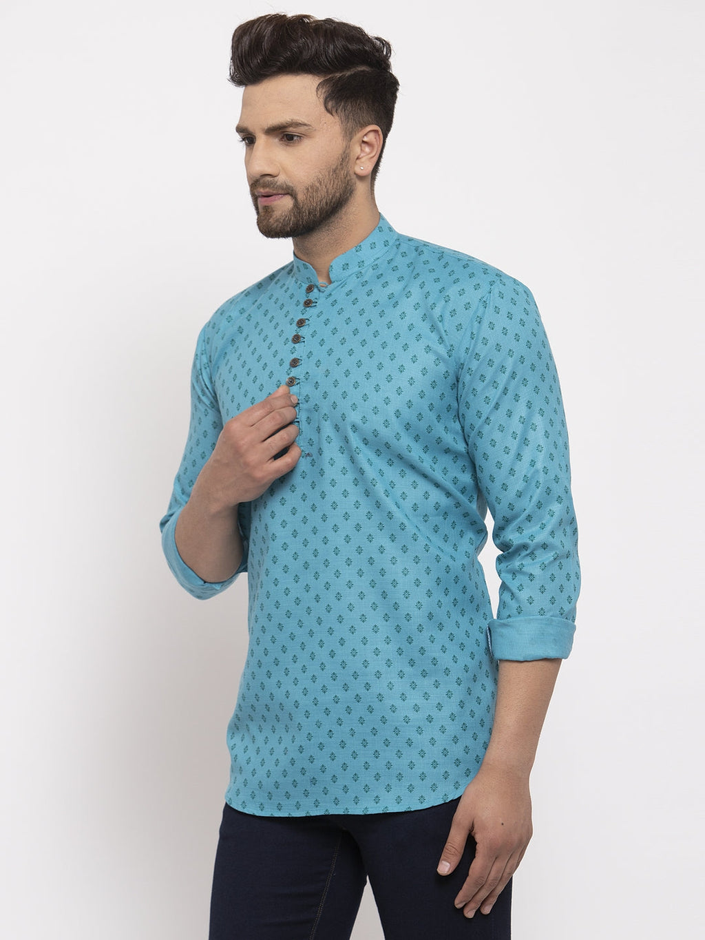 Jompers Men's Cotton Printed Kurta - Sky Blue | Grocsy