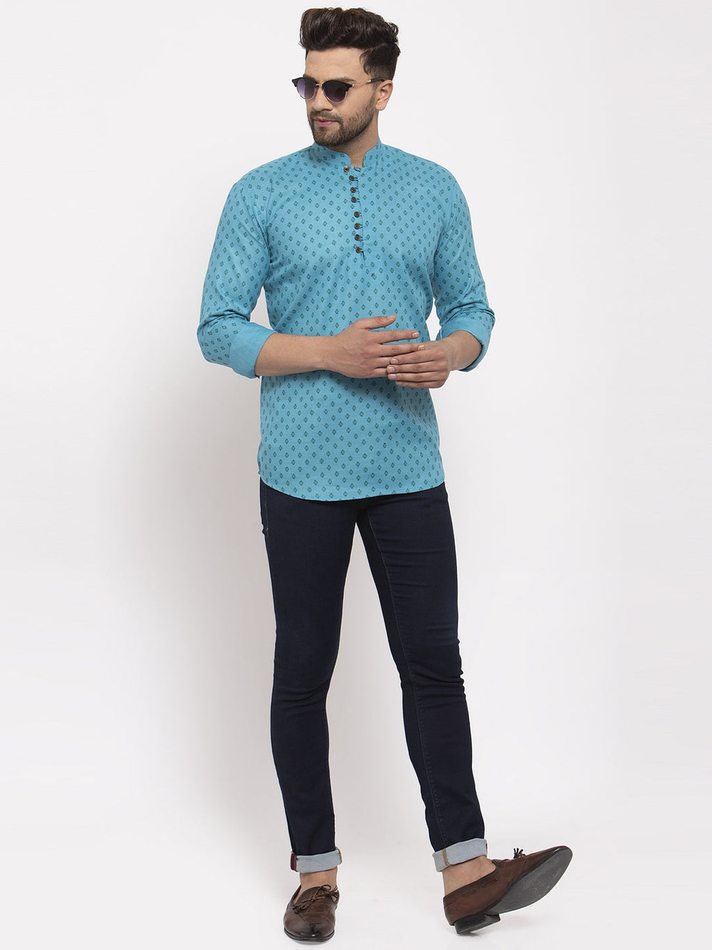 Jompers Men's Cotton Printed Kurta - Sky Blue | Grocsy
