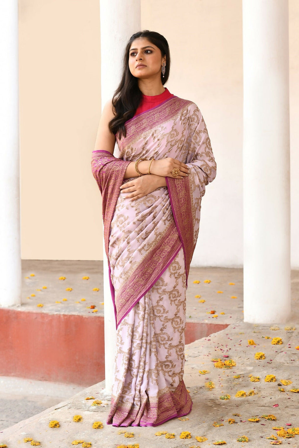 Joban Fashion Pastel Lilac Crepe Chiffon Pure Handloom Banarasi Silk Saree | Grocsy