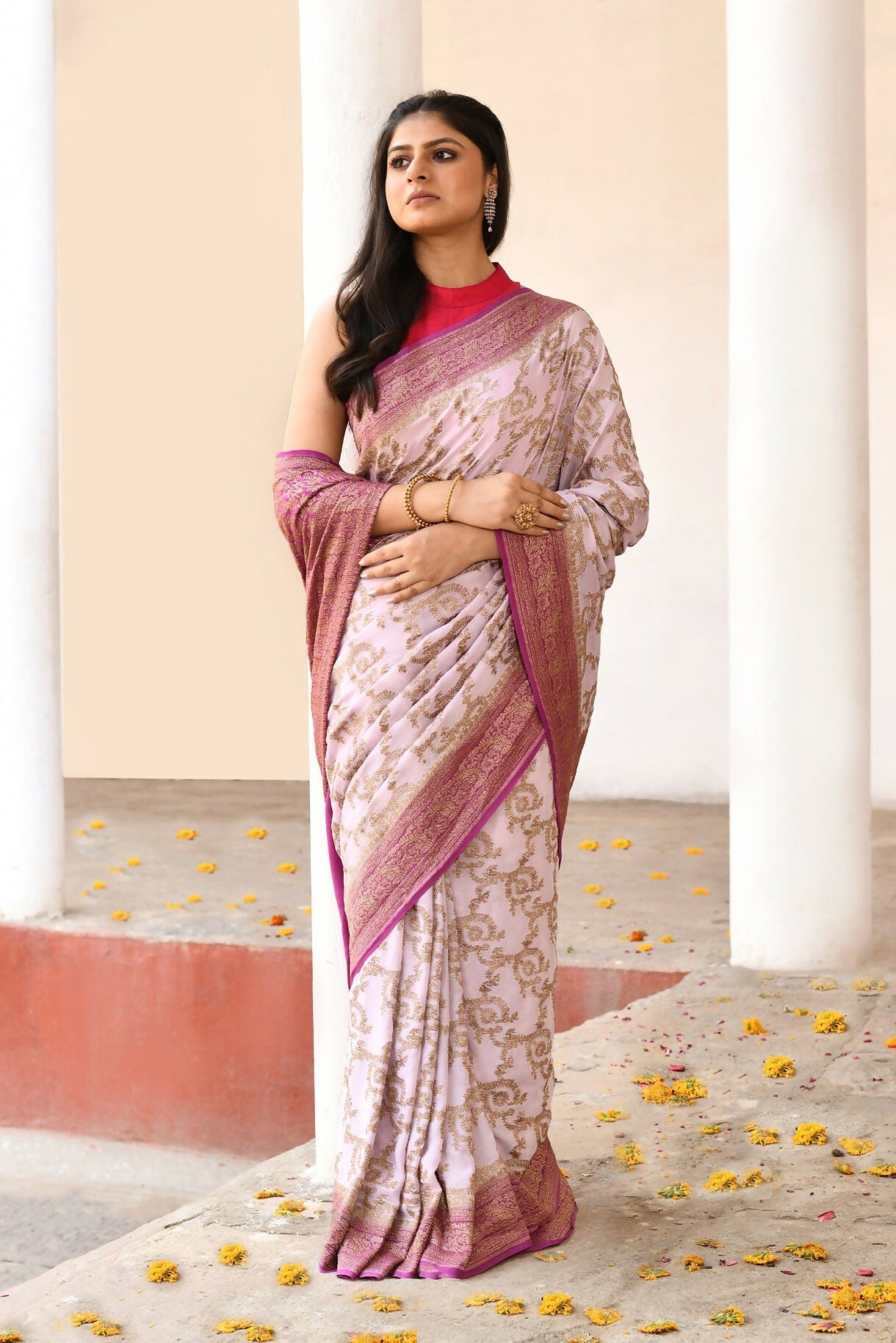 Joban Fashion Pastel Lilac Crepe Chiffon Pure Handloom Banarasi Silk Saree | Grocsy