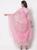 Myshka Women's Cotton 3/4 Sleeve Round Neck Casual Pink Kurta Pant Dupatta Set | Grocsy