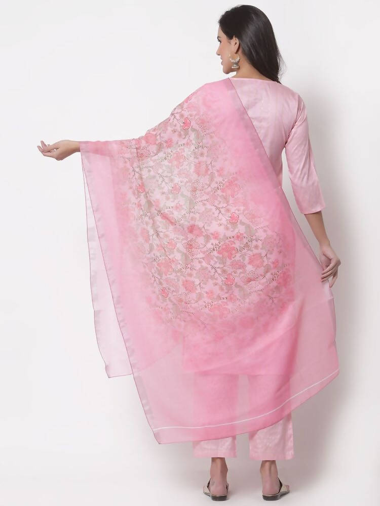 Myshka Women's Cotton 3/4 Sleeve Round Neck Casual Pink Kurta Pant Dupatta Set | Grocsy