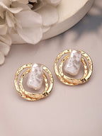 NVR Women's White & Gold-Polished Circular Shape Studs Earring | Grocsy