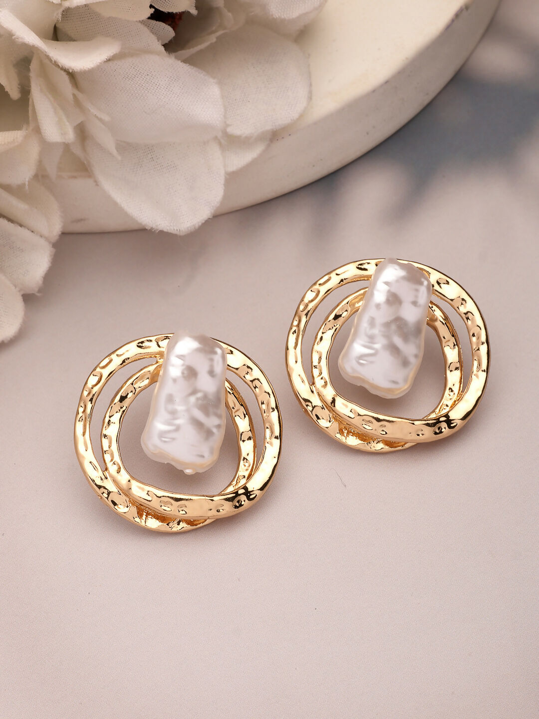 NVR Women's White & Gold-Polished Circular Shape Studs Earring | Grocsy