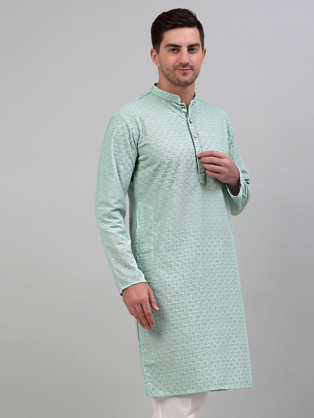 Jompers Men's Green Chikankari Embroidered and Sequence Kurta Only | Grocsy