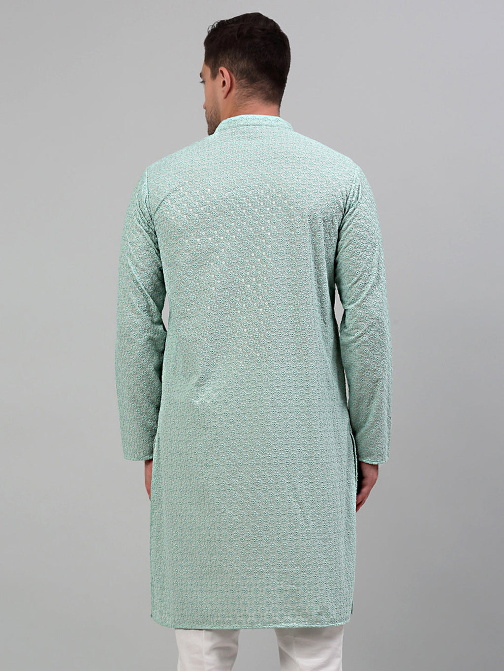 Jompers Men's Green Chikankari Embroidered and Sequence Kurta Only | Grocsy