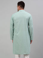 Jompers Men's Green Chikankari Embroidered and Sequence Kurta Only | Grocsy