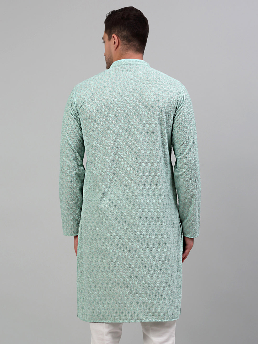 Jompers Men's Green Chikankari Embroidered and Sequence Kurta Only | Grocsy
