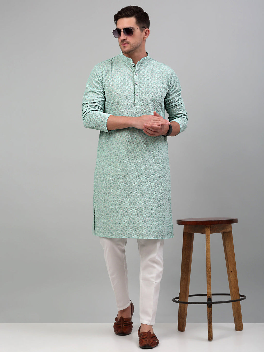 Jompers Men's Green Chikankari Embroidered and Sequence Kurta Only | Grocsy