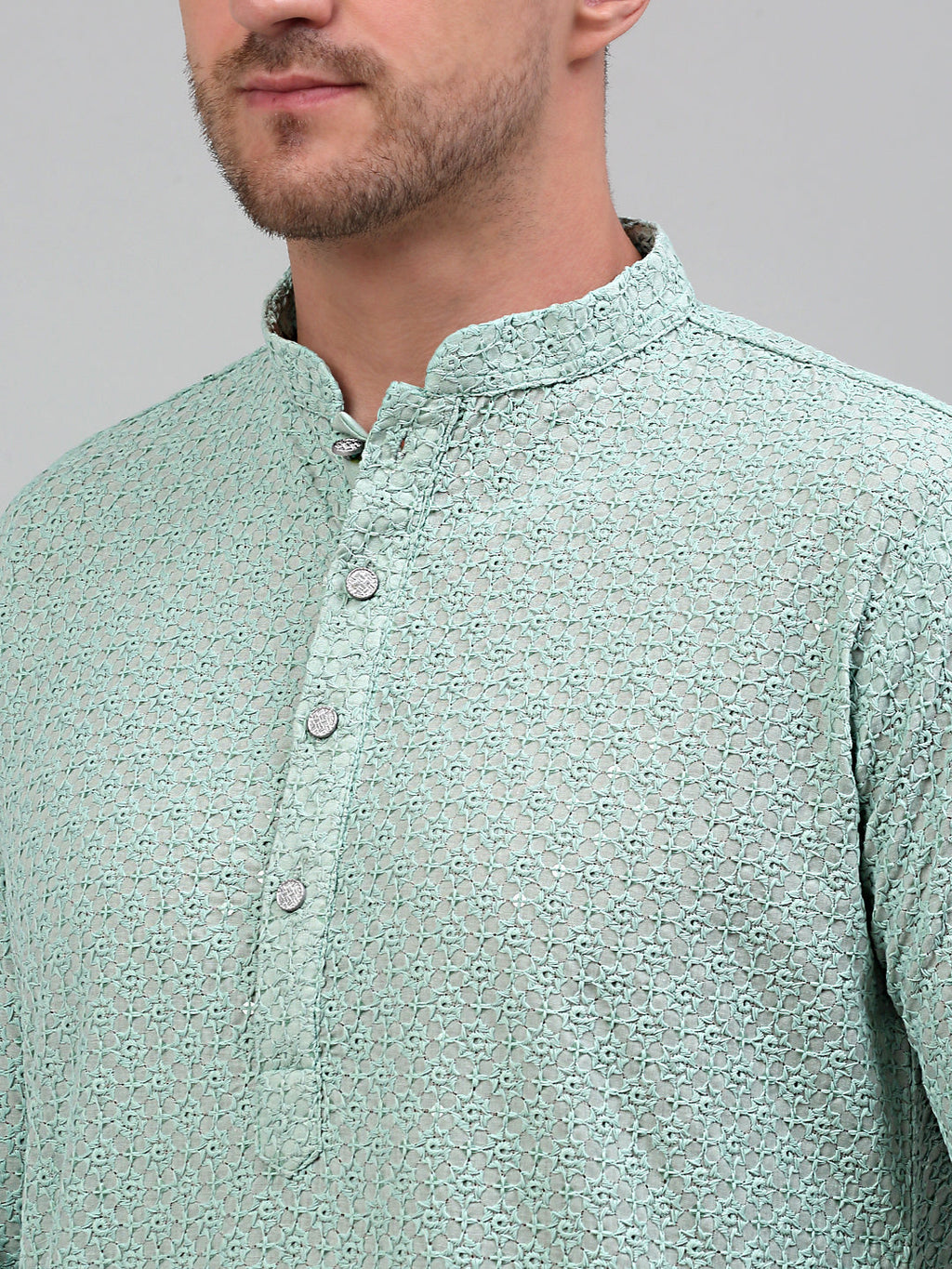 Jompers Men's Green Chikankari Embroidered and Sequence Kurta Only | Grocsy