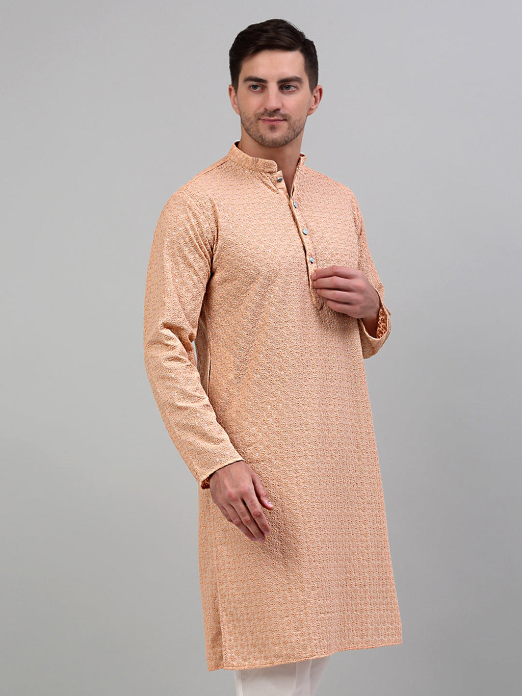Jompers Men's Peach Chikankari Embroidered and Sequence Kurta Only | Grocsy