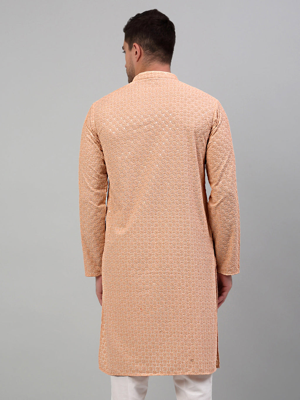 Jompers Men's Peach Chikankari Embroidered and Sequence Kurta Only | Grocsy
