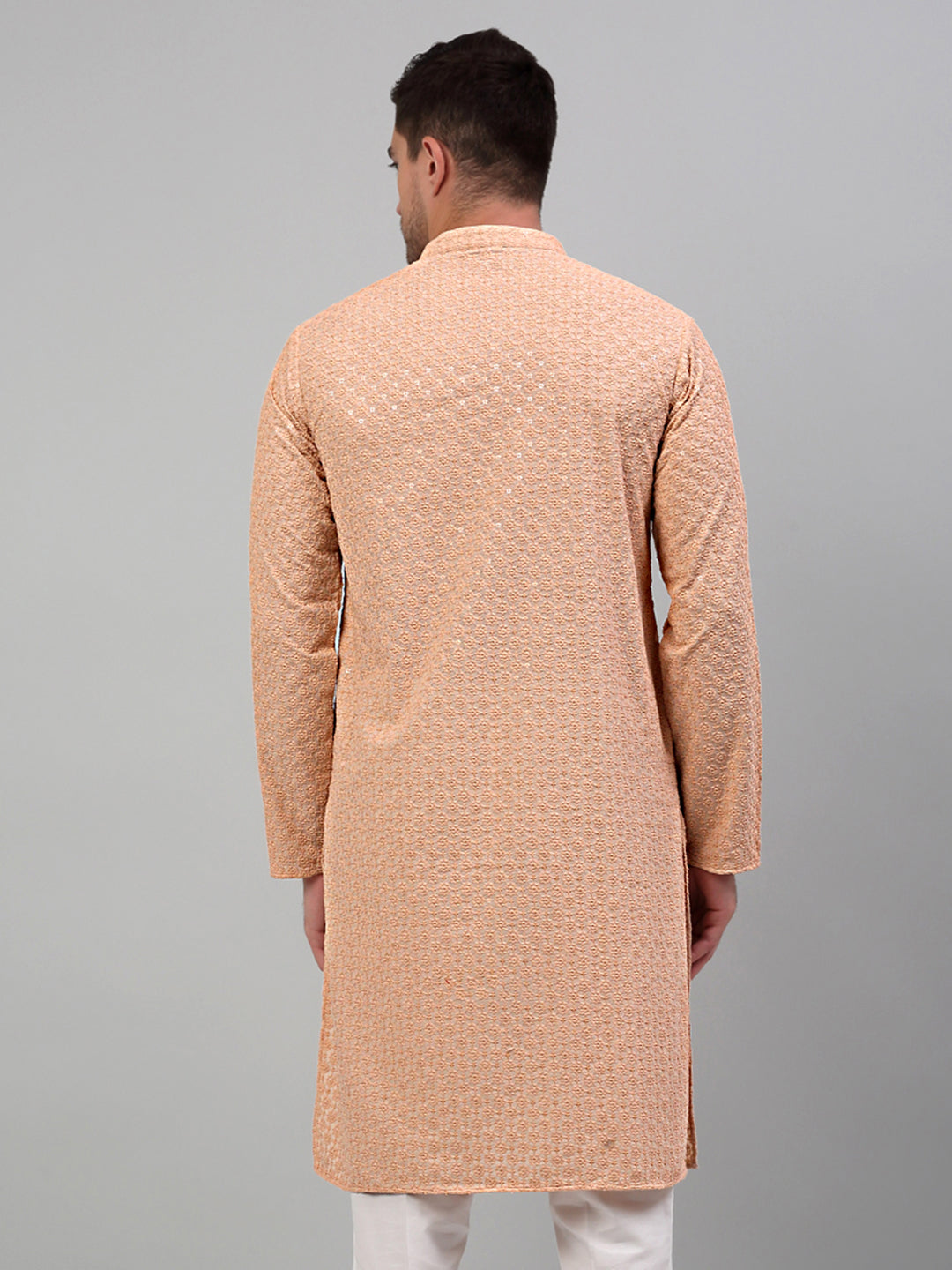 Jompers Men's Peach Chikankari Embroidered and Sequence Kurta Only | Grocsy