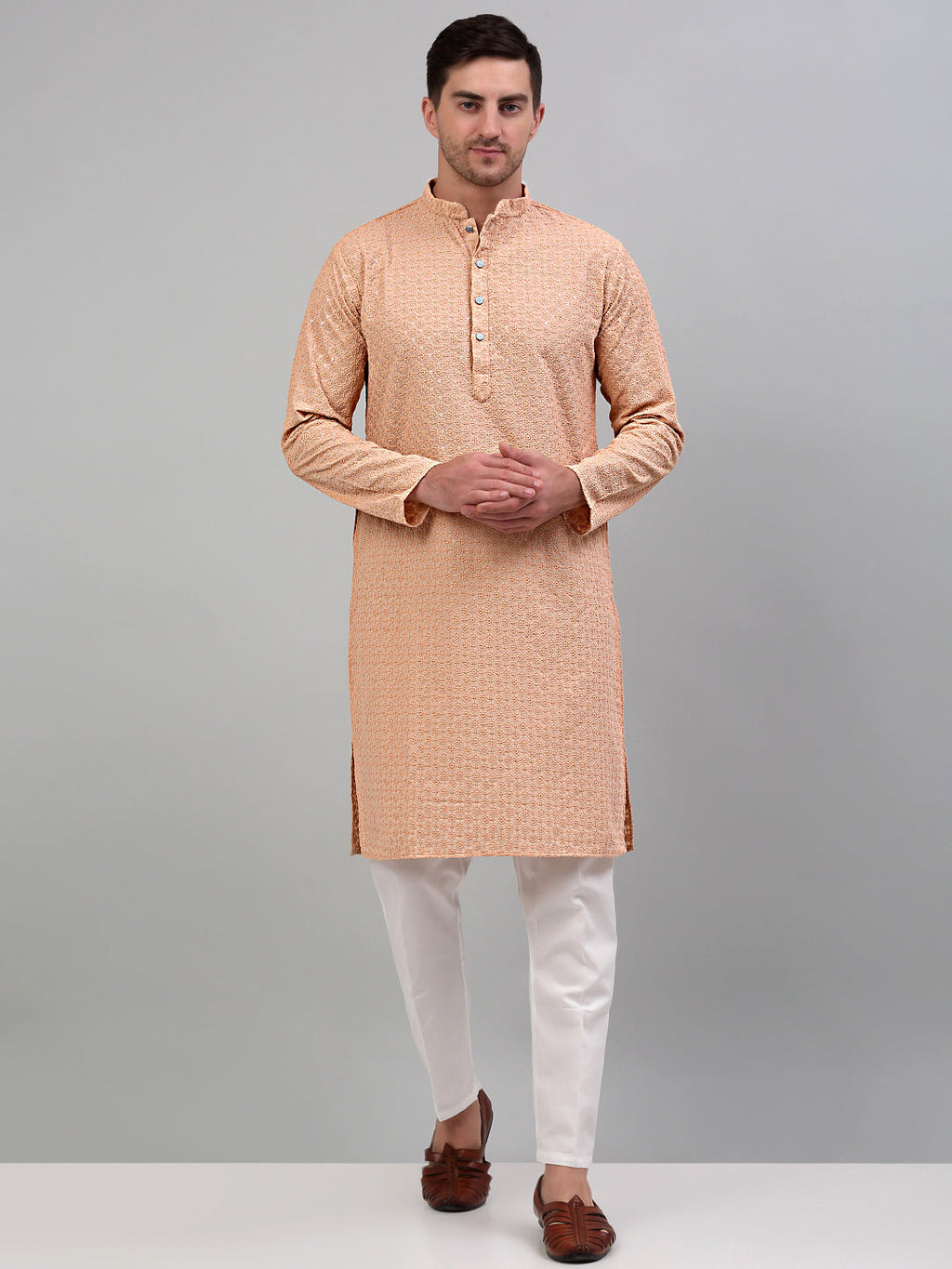 Jompers Men's Peach Chikankari Embroidered and Sequence Kurta Only | Grocsy