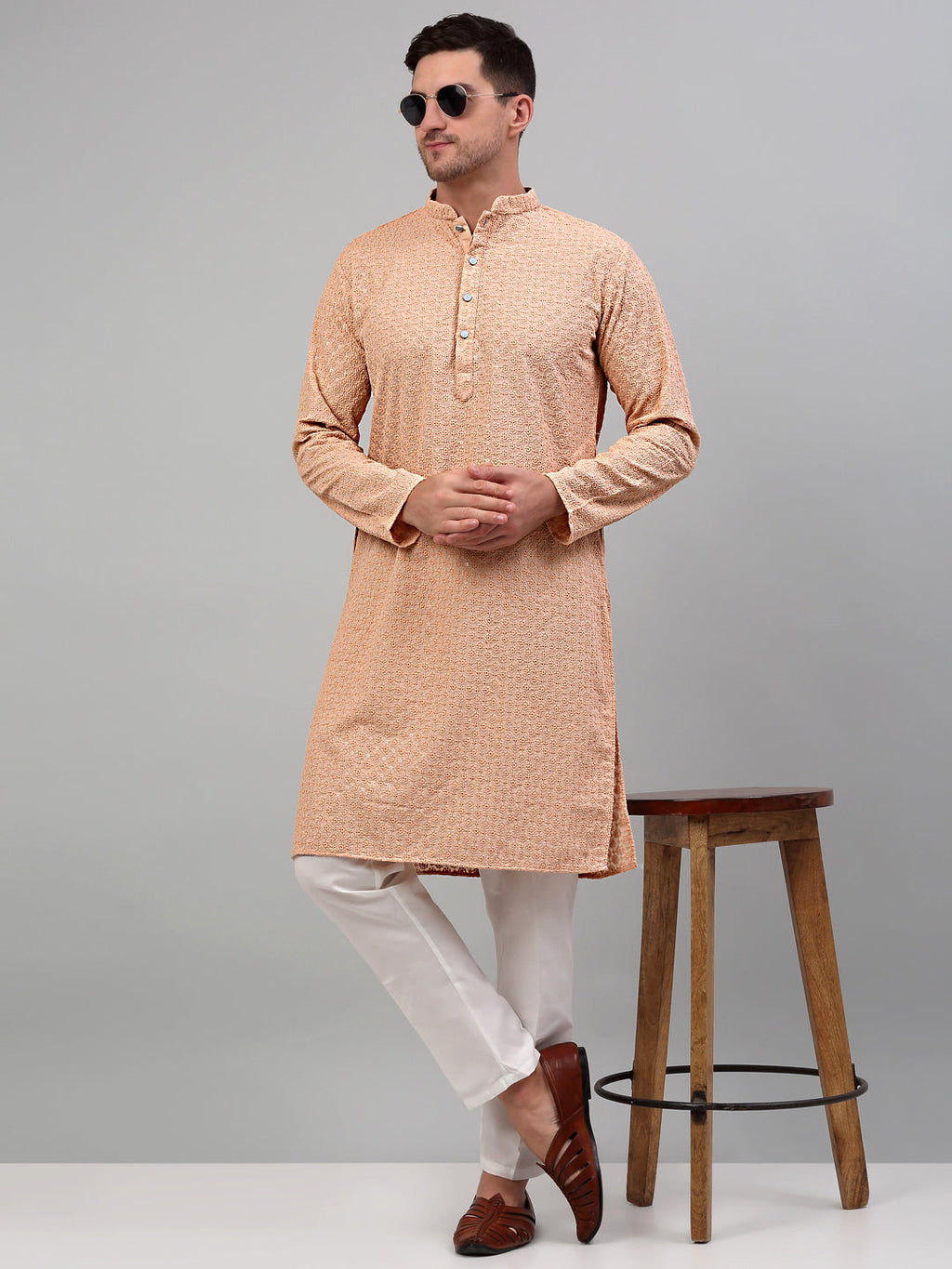 Jompers Men's Peach Chikankari Embroidered and Sequence Kurta Only | Grocsy