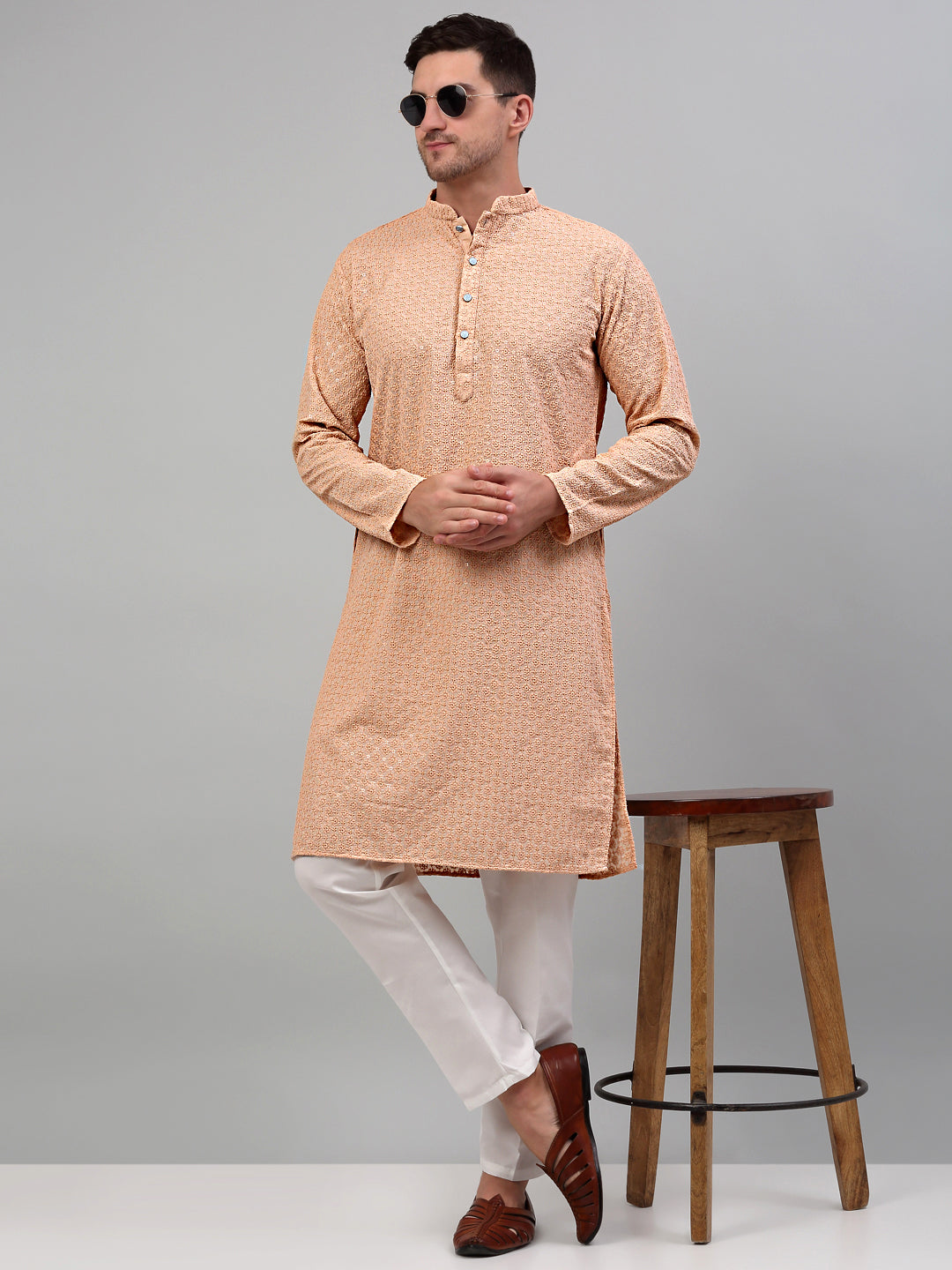 Jompers Men's Peach Chikankari Embroidered and Sequence Kurta Only | Grocsy