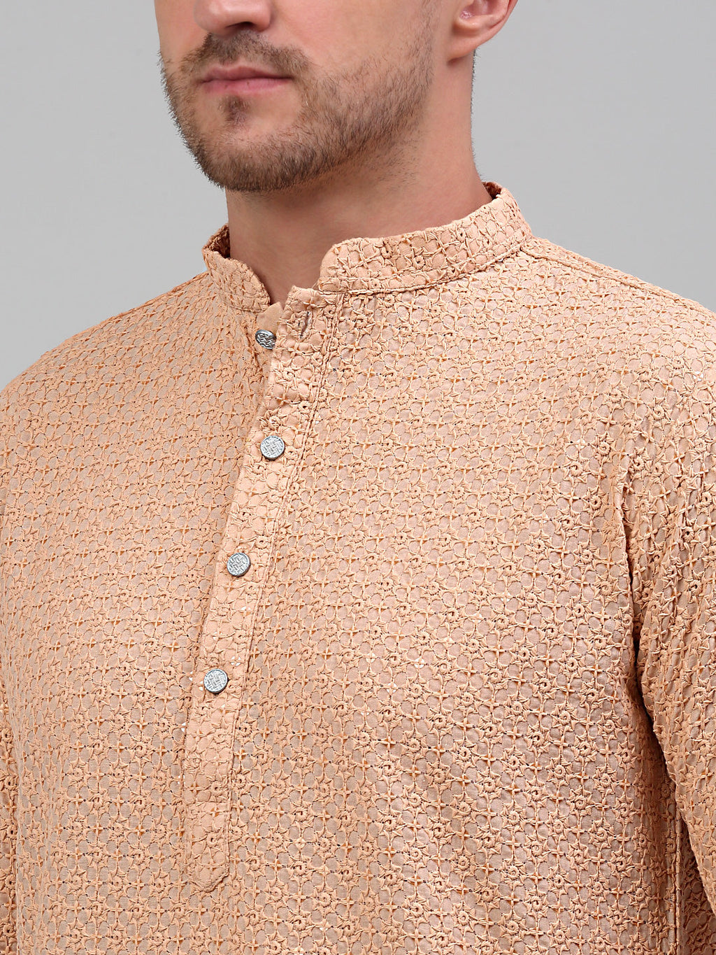 Jompers Men's Peach Chikankari Embroidered and Sequence Kurta Only | Grocsy