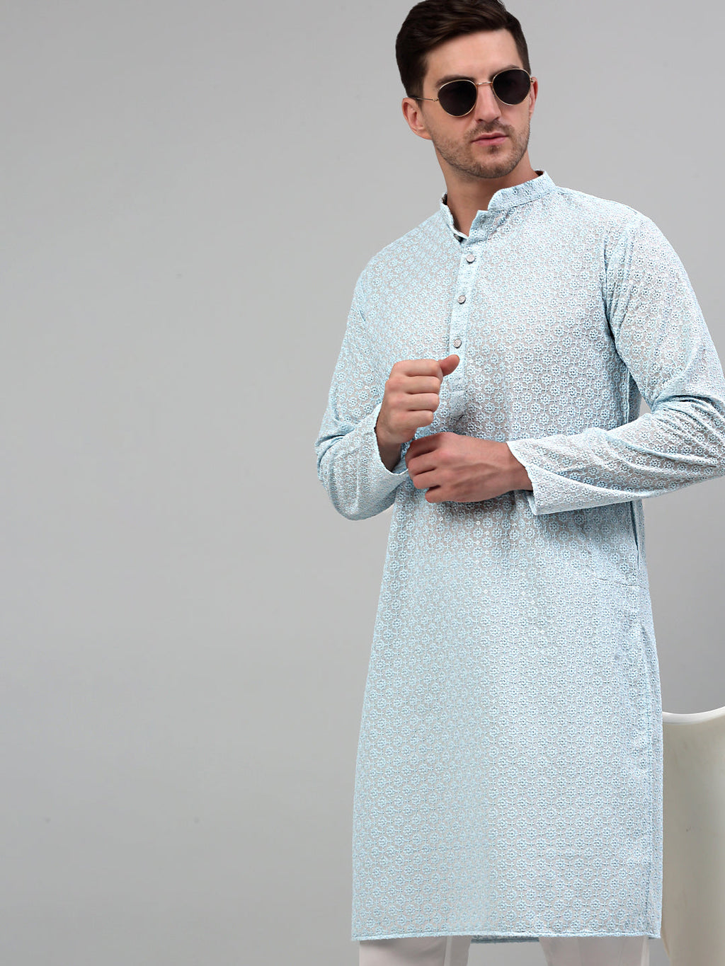 Jompers Men's Sky Blue Chikankari Embroidered and Sequence Kurta Only | Grocsy