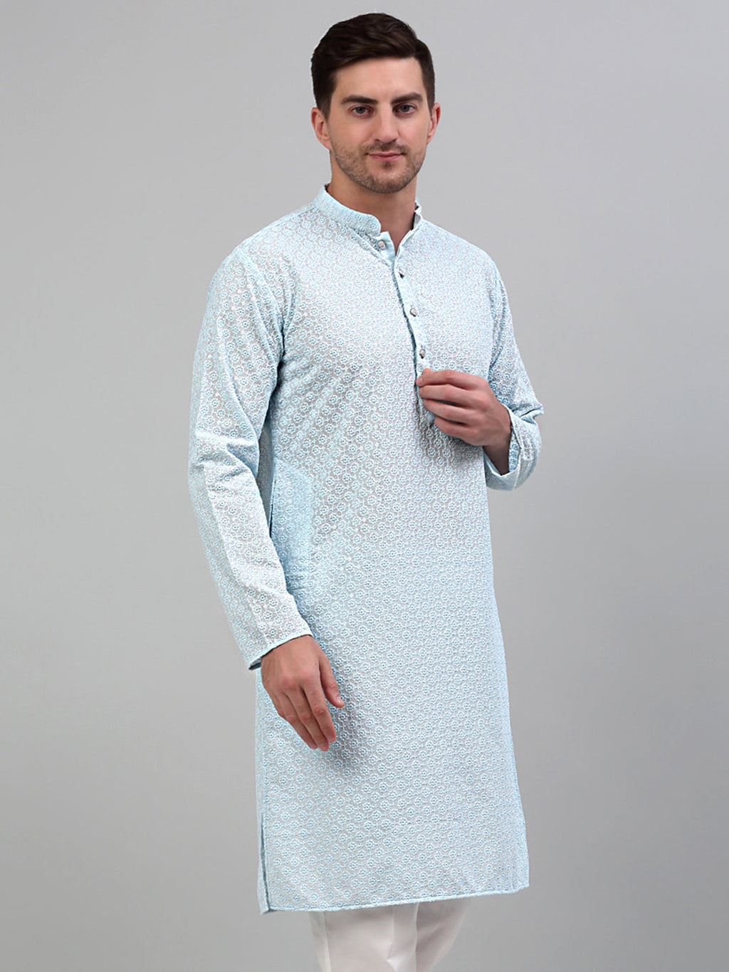 Jompers Men's Sky Blue Chikankari Embroidered and Sequence Kurta Only | Grocsy