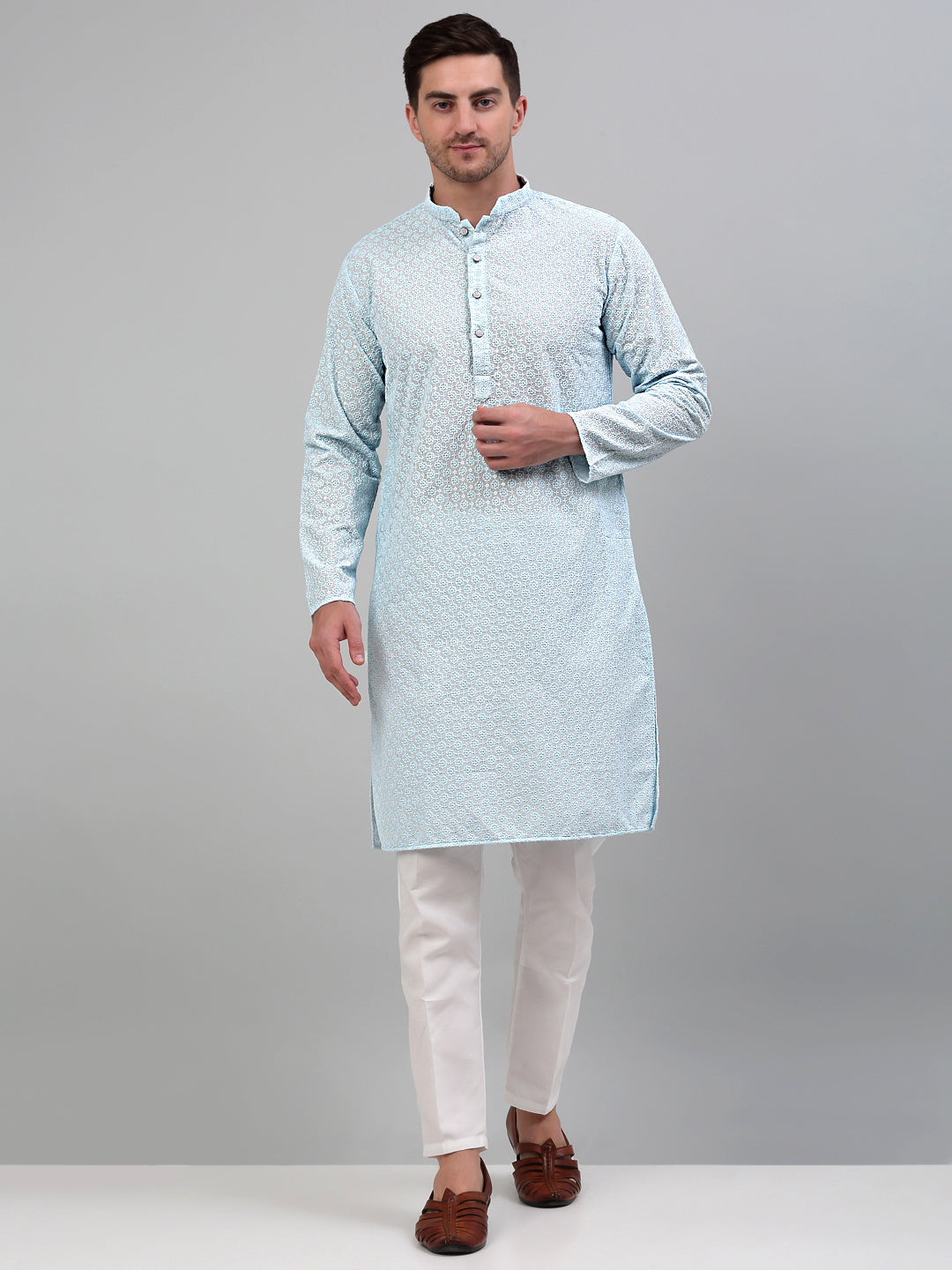 Jompers Men's Sky Blue Chikankari Embroidered and Sequence Kurta Only | Grocsy