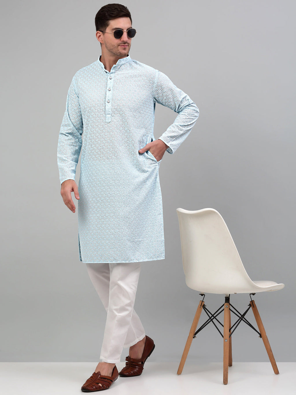 Jompers Men's Sky Blue Chikankari Embroidered and Sequence Kurta Only | Grocsy