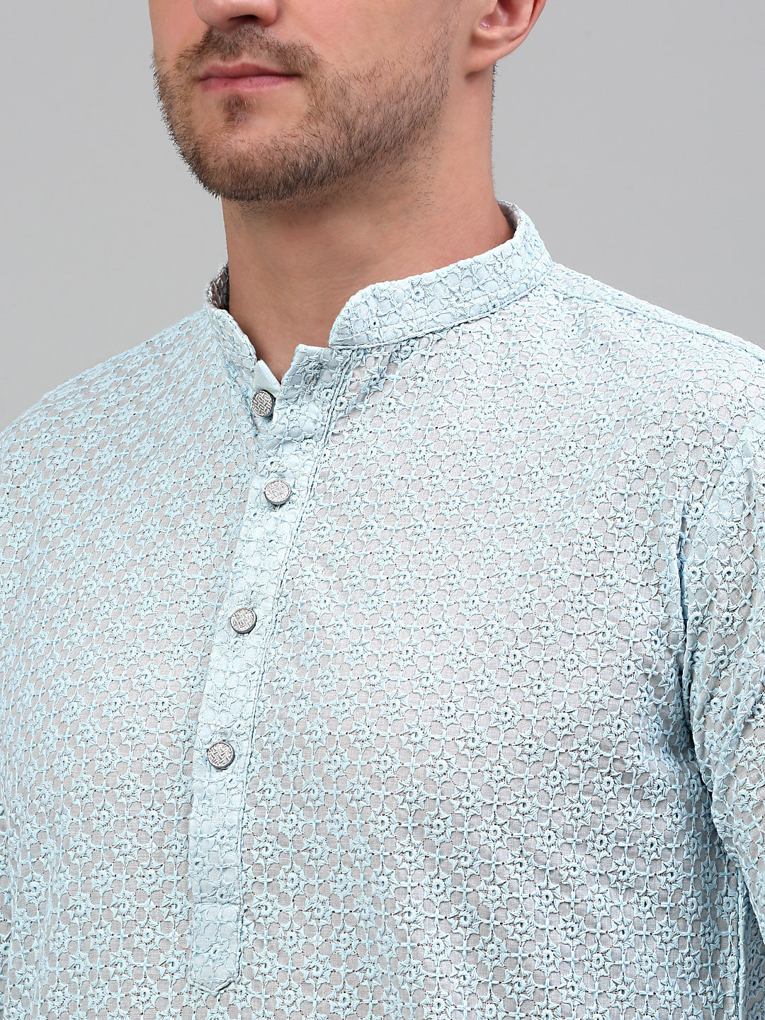 Jompers Men's Sky Blue Chikankari Embroidered and Sequence Kurta Only | Grocsy