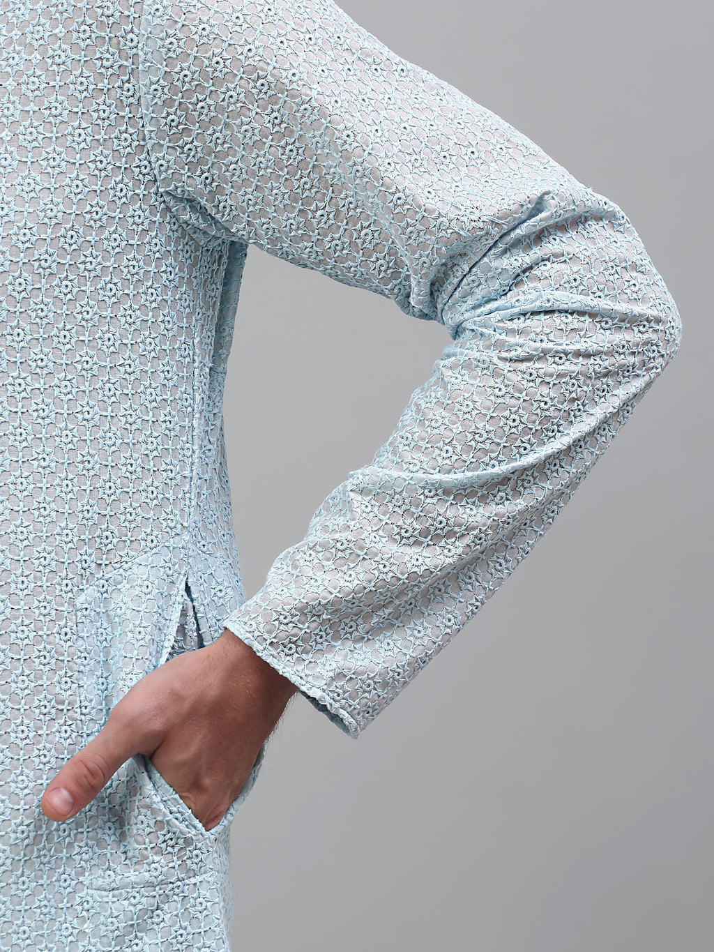 Jompers Men's Sky Blue Chikankari Embroidered and Sequence Kurta Only | Grocsy