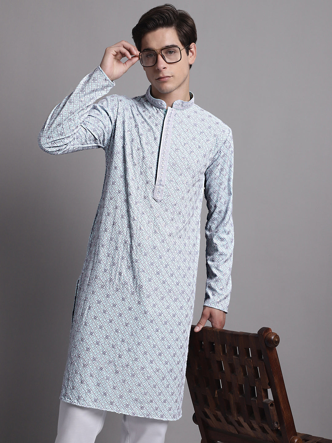 Jompers Men's Blue Chikankari Embroidered and Sequence Kurta | Grocsy