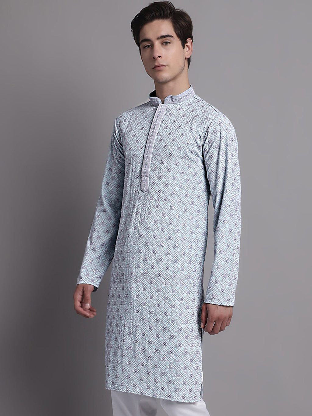 Jompers Men's Blue Chikankari Embroidered and Sequence Kurta | Grocsy