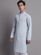 Jompers Men's Blue Chikankari Embroidered and Sequence Kurta | Grocsy