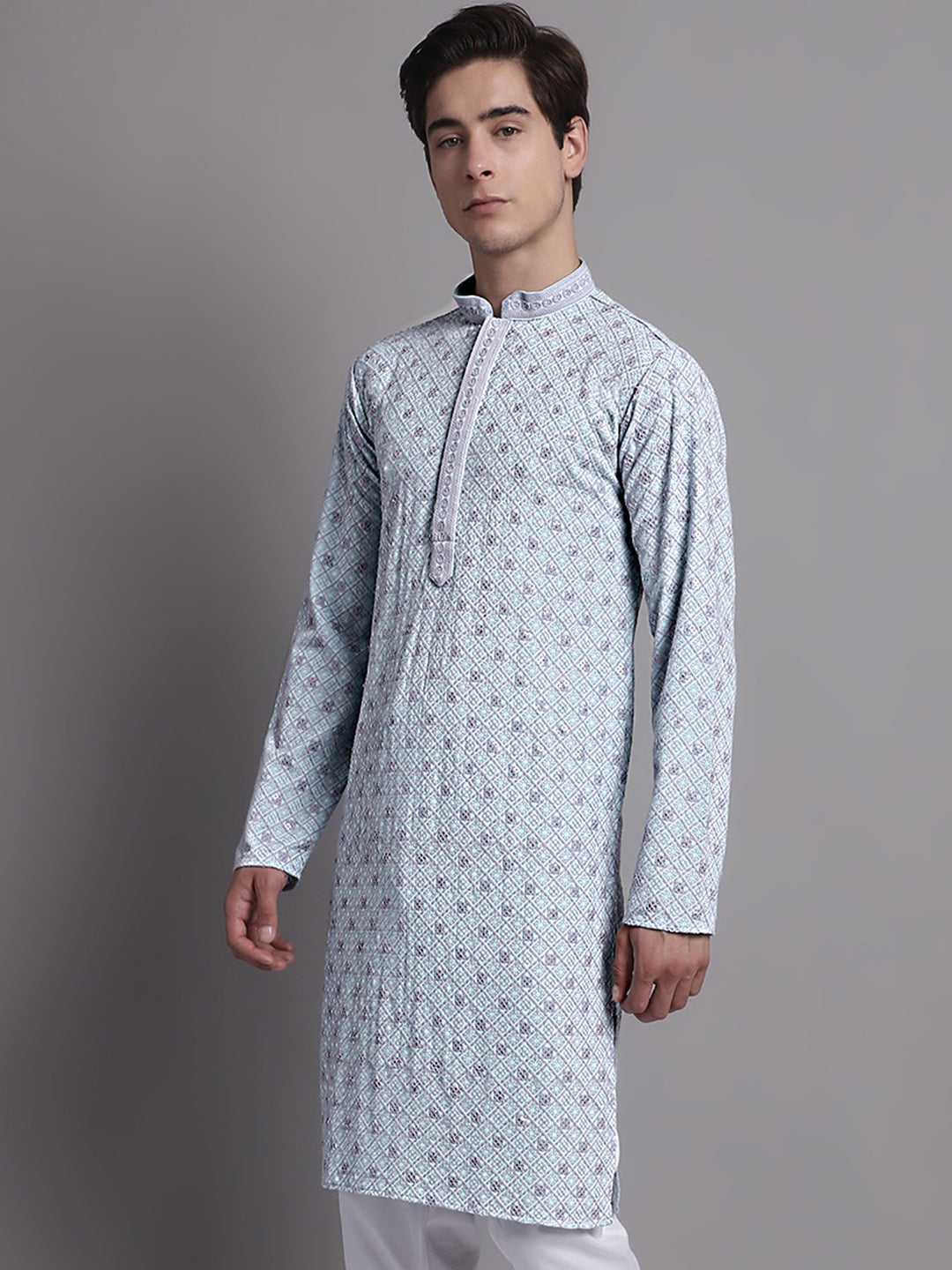 Jompers Men's Blue Chikankari Embroidered and Sequence Kurta | Grocsy