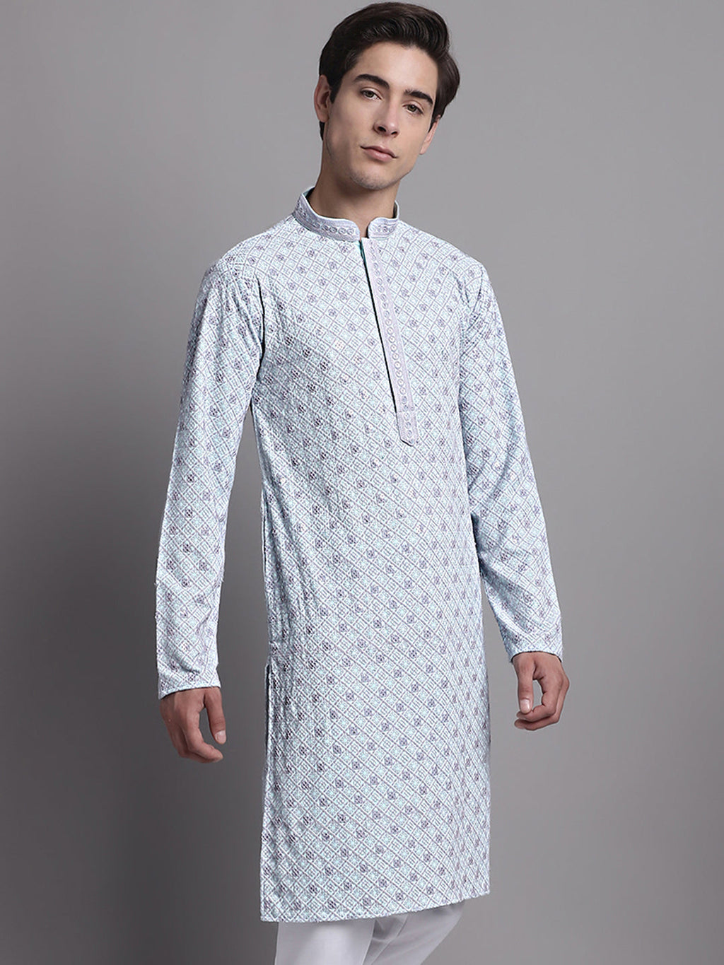 Jompers Men's Blue Chikankari Embroidered and Sequence Kurta | Grocsy