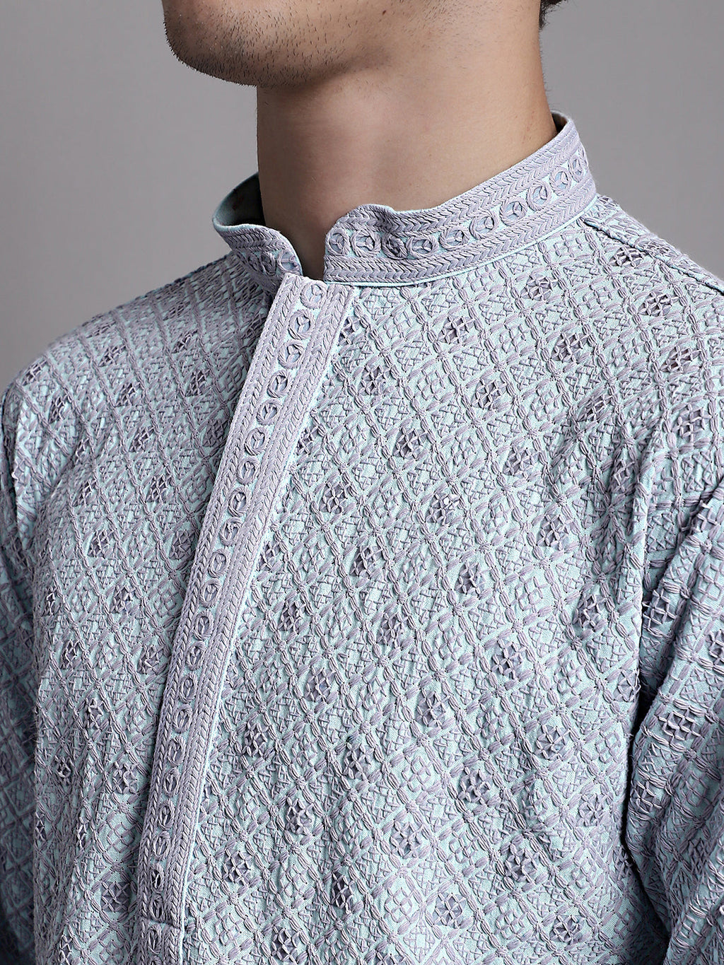 Jompers Men's Blue Chikankari Embroidered and Sequence Kurta | Grocsy